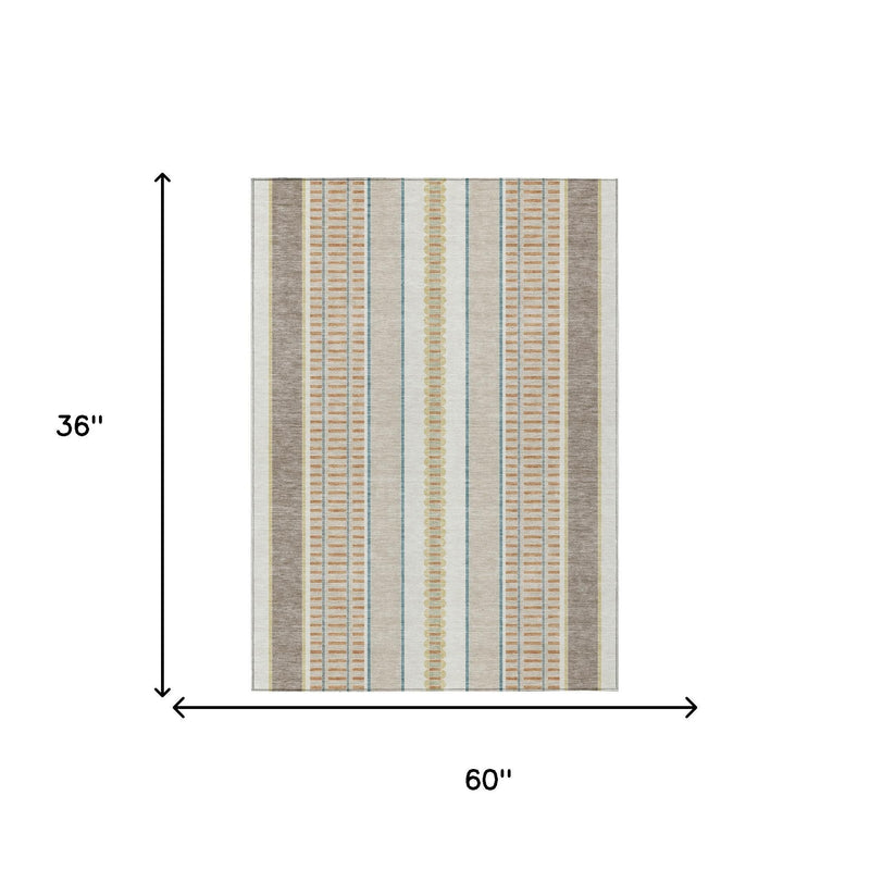 60 in by 36 in ivory and teal striped washable area rug, rectangular