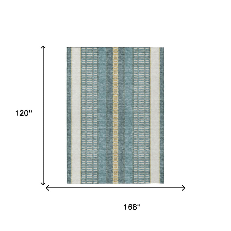 Teal blue area rug with gold center stripe, cream side panels; size shown.