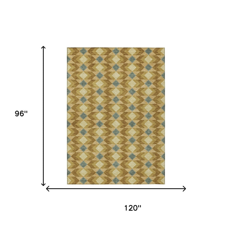 Geometric area rug, 120 in by 96 in, brown and cream with muted blue diamond pattern