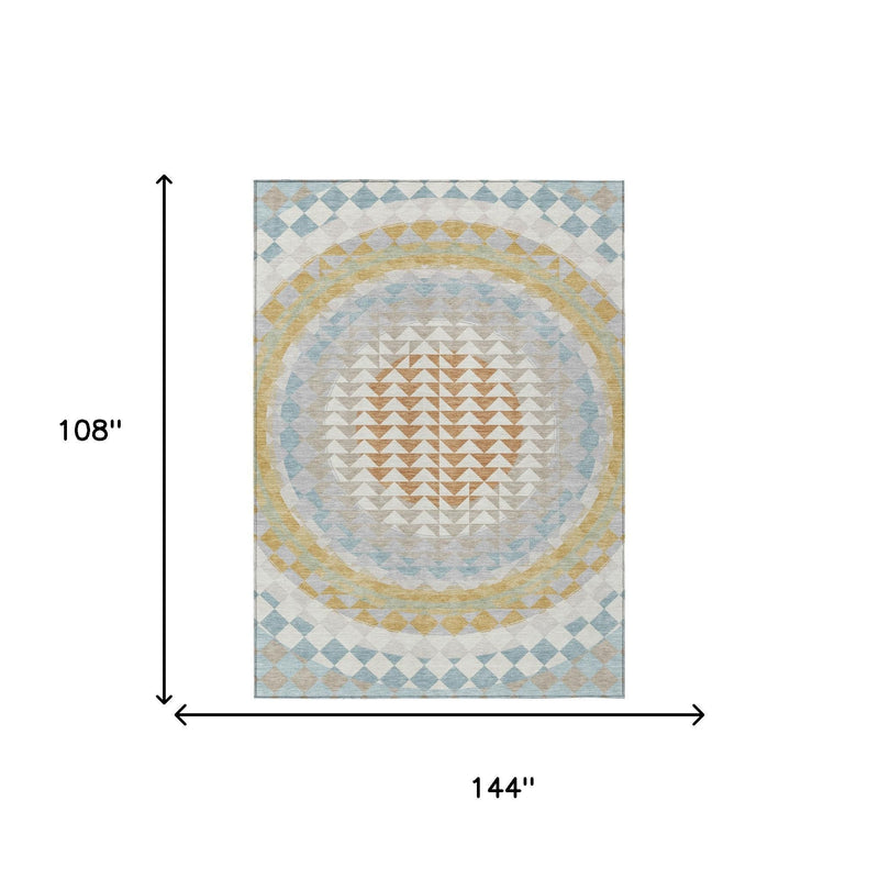 Ivory geometric area rug with blue diamond border and central chevron medallion; 144 x 108 in.