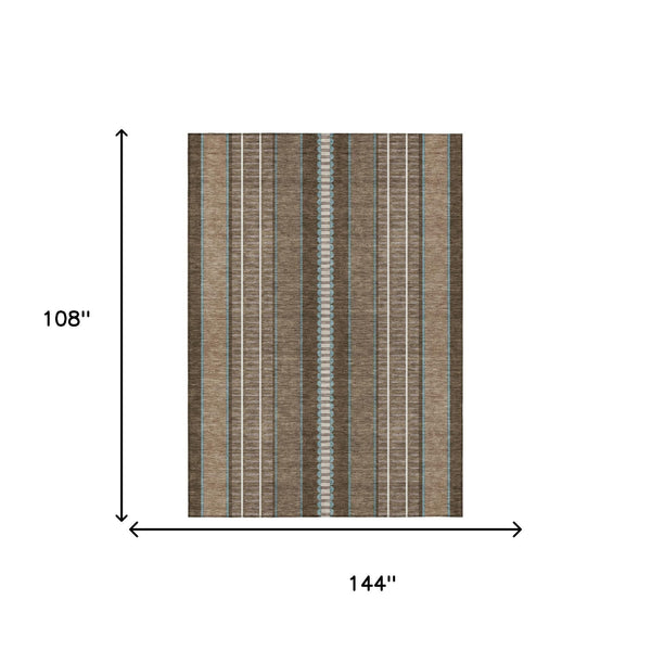 Vertical striped area rug with brown and blue tones and white accents, rectangular layout