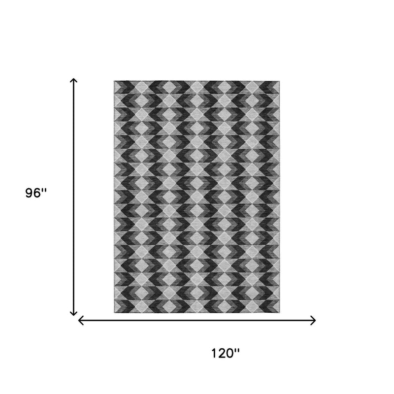 Rectangular geometric area rug, black and gray with white pattern; 120 x 96 in.