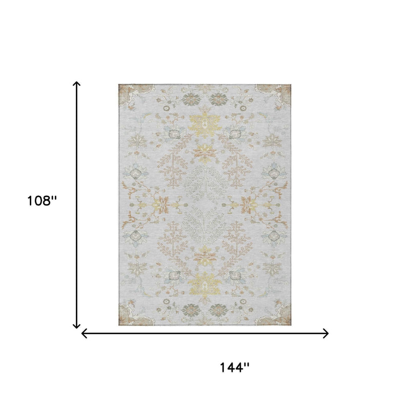 Rectangular gray and ivory oriental area rug dimensions shown: 144 in by 108 in
