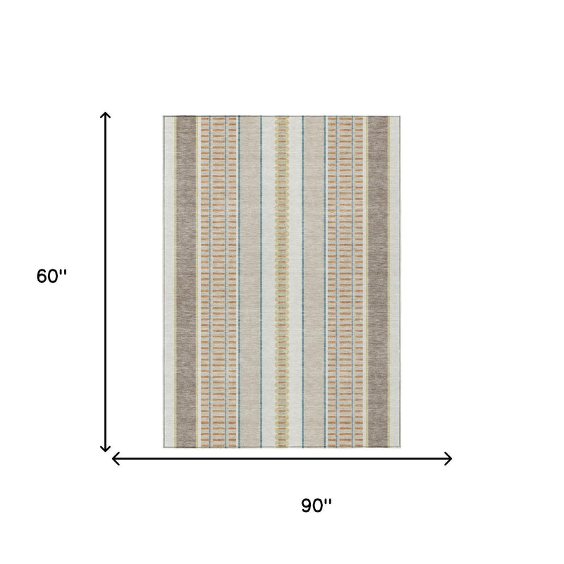 Area rug size diagram: 60 in by 90 in, striped ivory with blue-green center panel