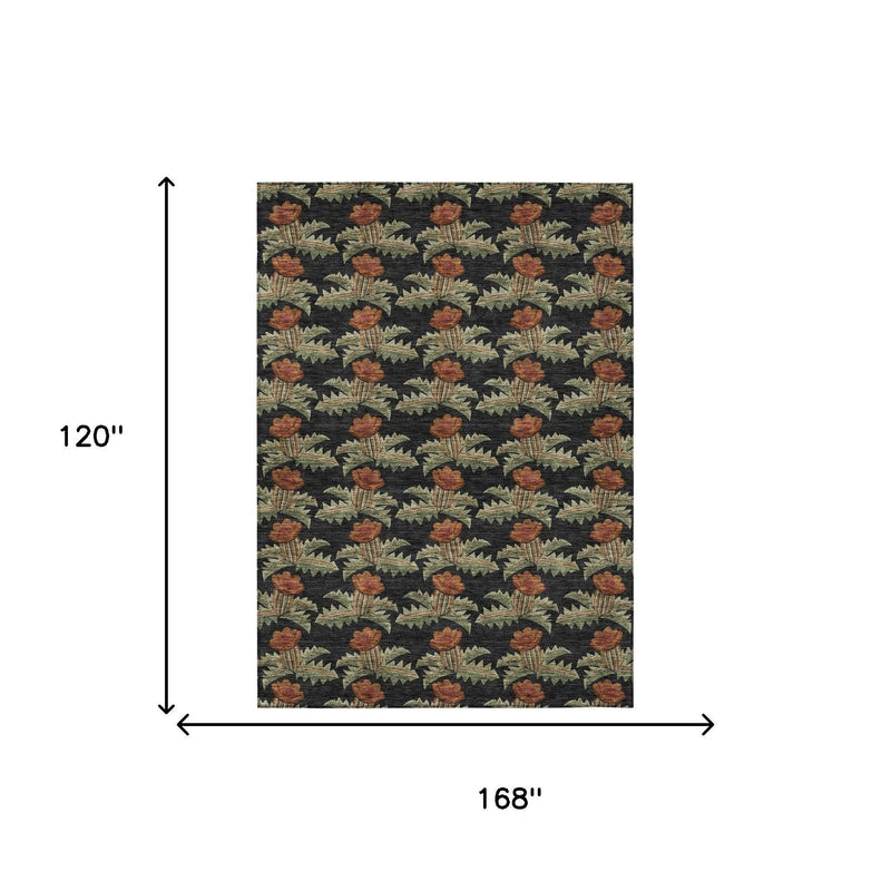 Floral area rug centered on white background with rust flowers and green botanical pattern