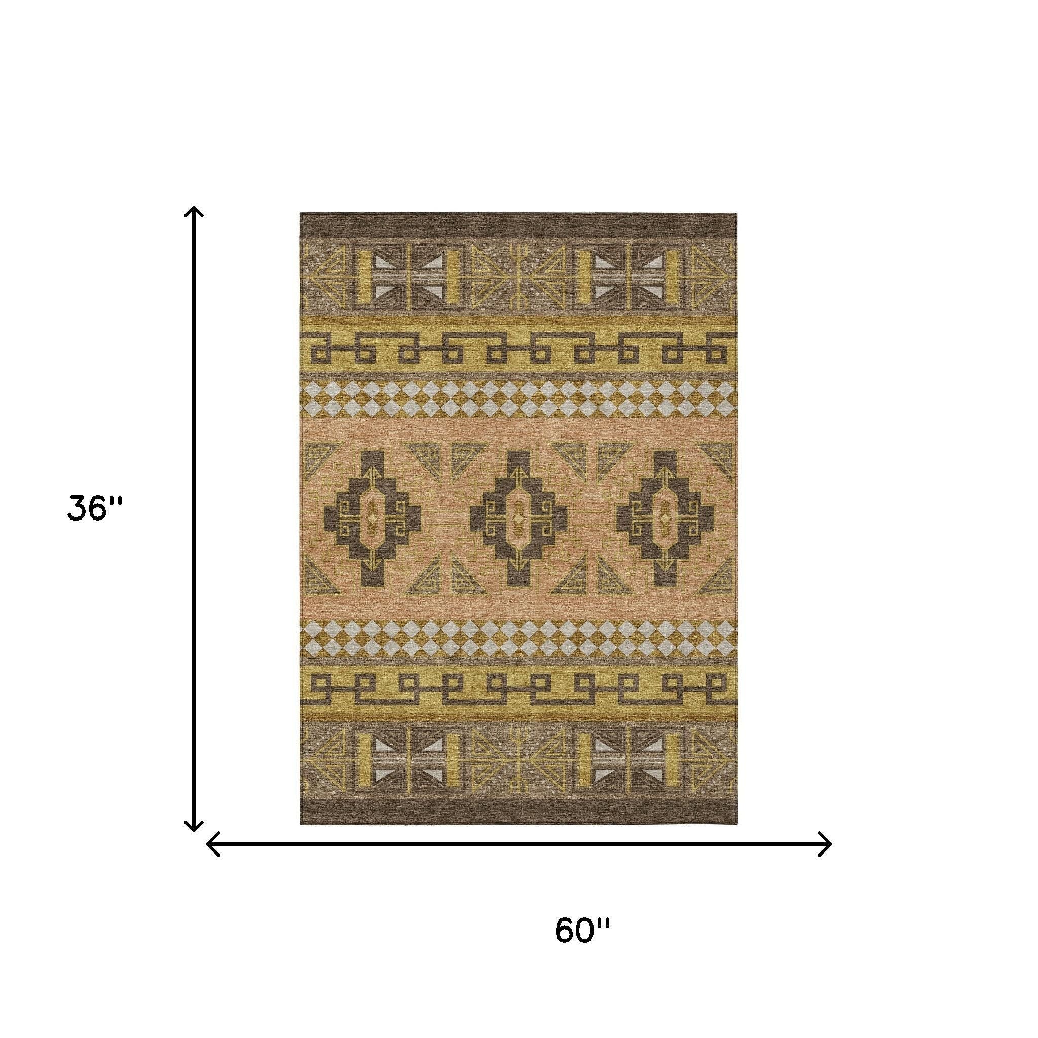 3' X 5' Chocolate And Olive Green Tribal Washable Indoor Outdoor Area Rug - Sports & Outdoor