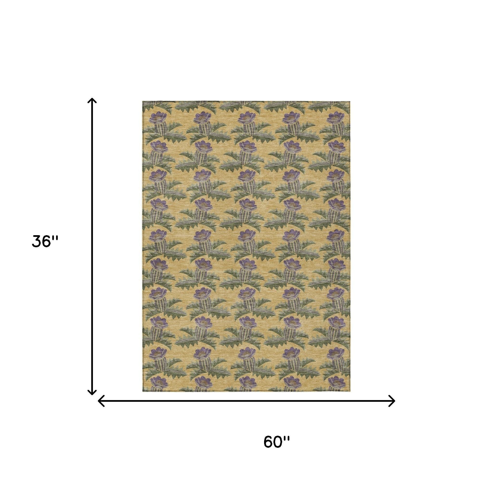 3' X 5' Gold And Khaki Floral Washable Indoor Outdoor Area Rug - Sports & Outdoor