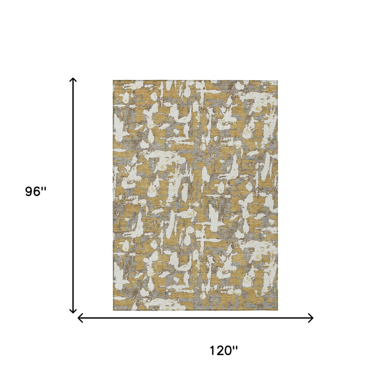 Size diagram for gold and ivory abstract area rug, 96 in by 120 in