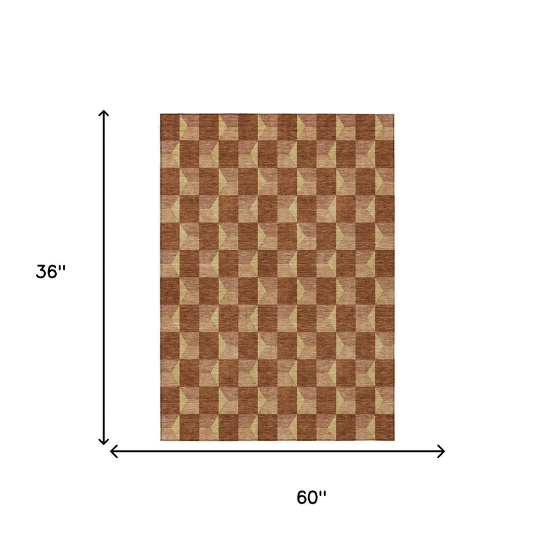 Rectangular geometric area rug in brown and tan with repeating square pattern, 60"x36".