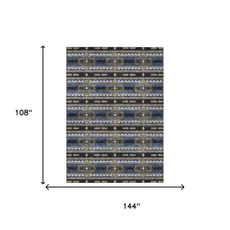 Tribal area rug size shown: 144 in by 108 in; blue and dark geometric pattern.