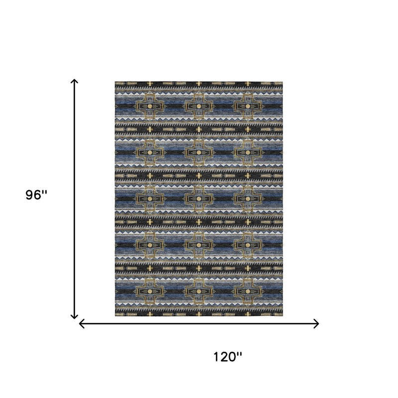 Rectangular area rug size diagram with dark base and blue, gold tribal pattern