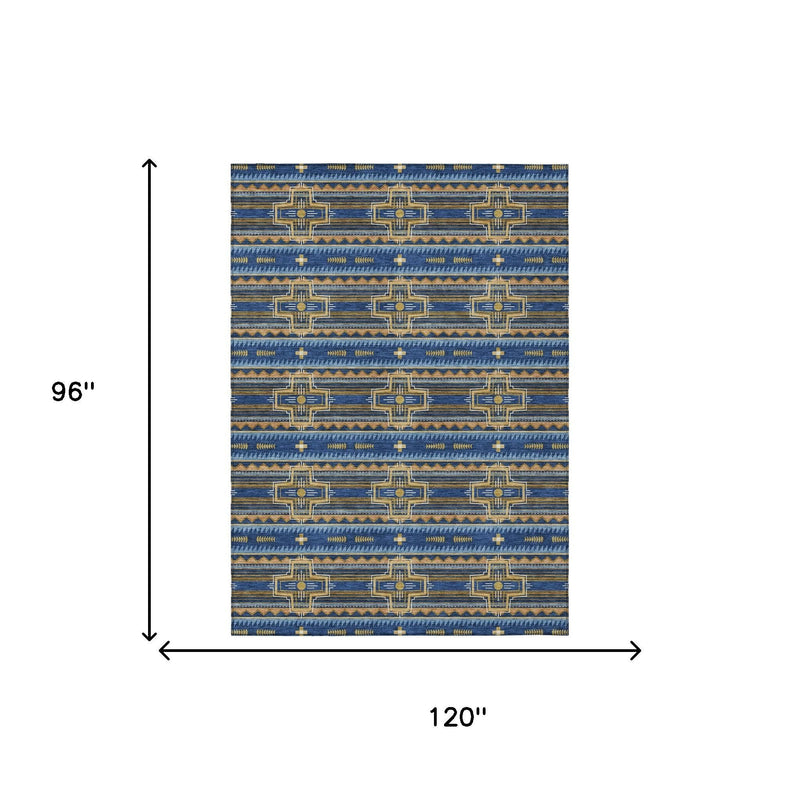 Navy blue tribal area rug, 8 ft x 10 ft, with geometric medallion and stripe pattern