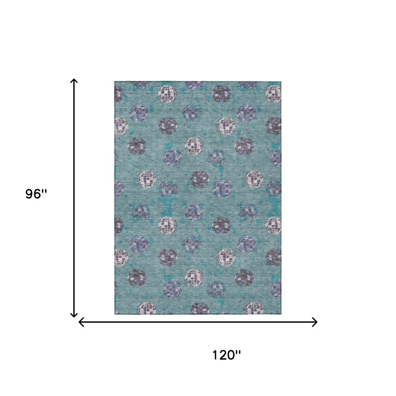 Teal blue geometric orb area rug, size diagram 96 x 120 in