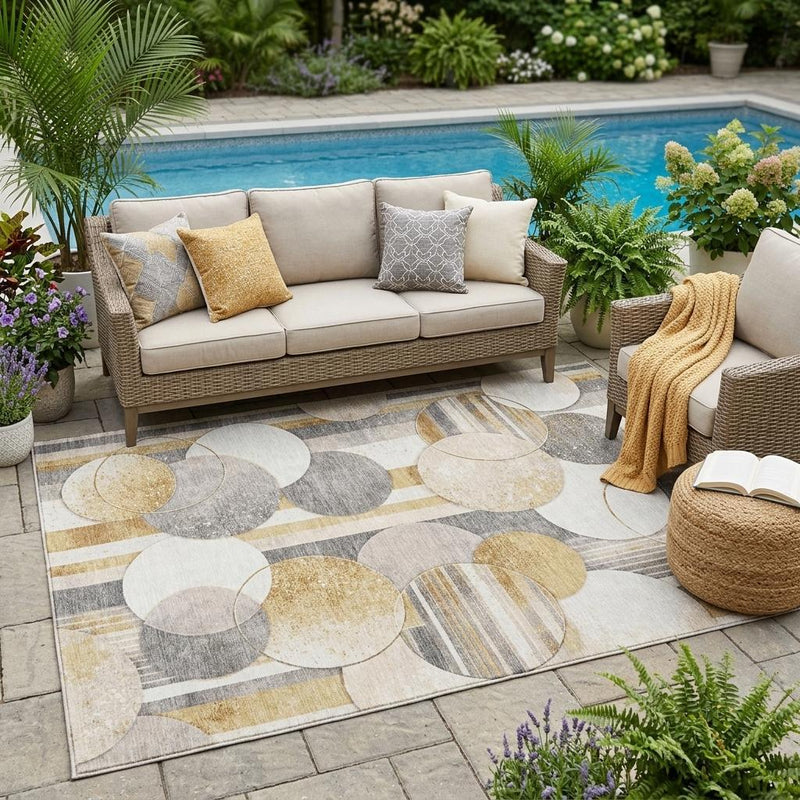 Geometric area rug with overlapping circles in gray, cream, and gold border stripes