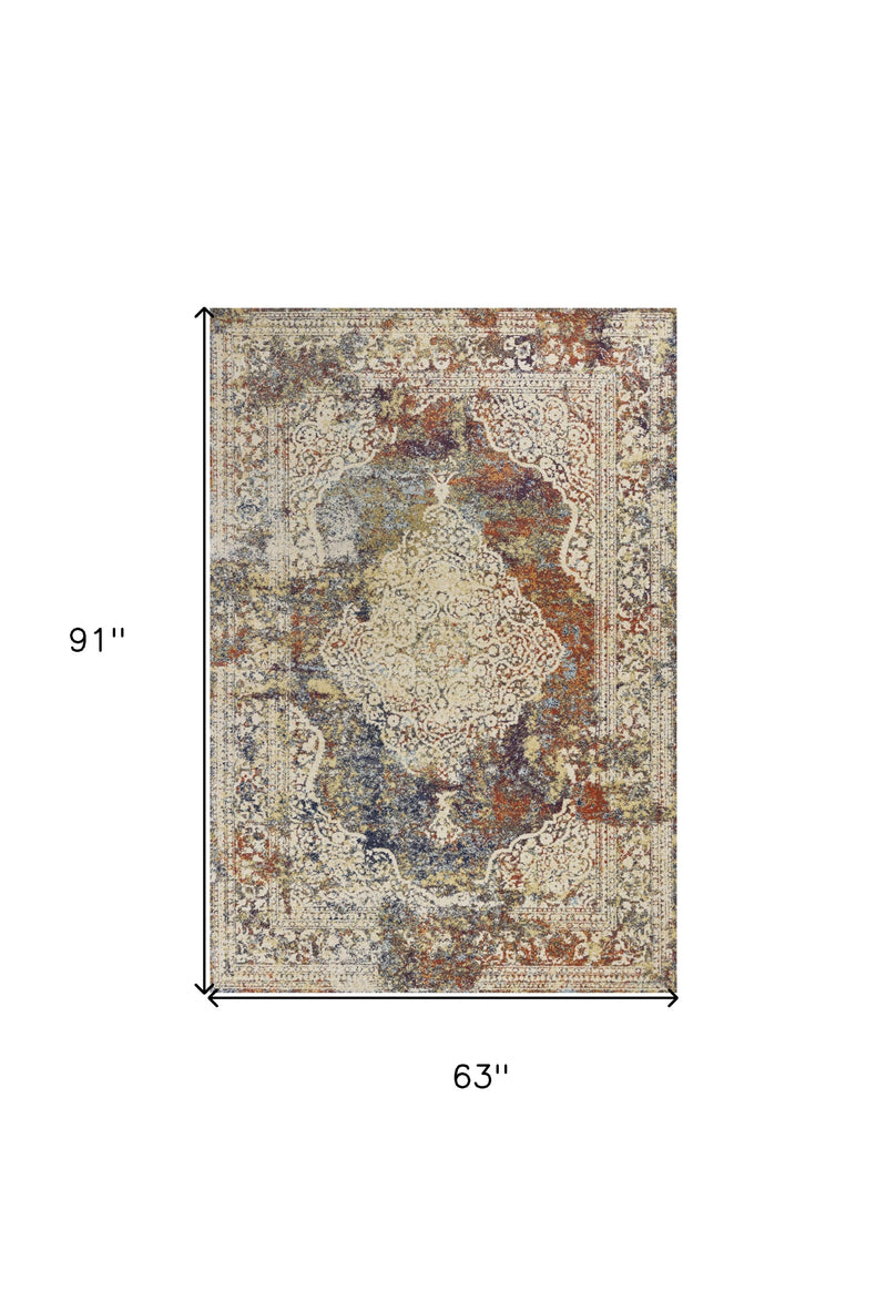 5' X 8' Ivory Blue And Orange Medallion Area Rug - Home Decor