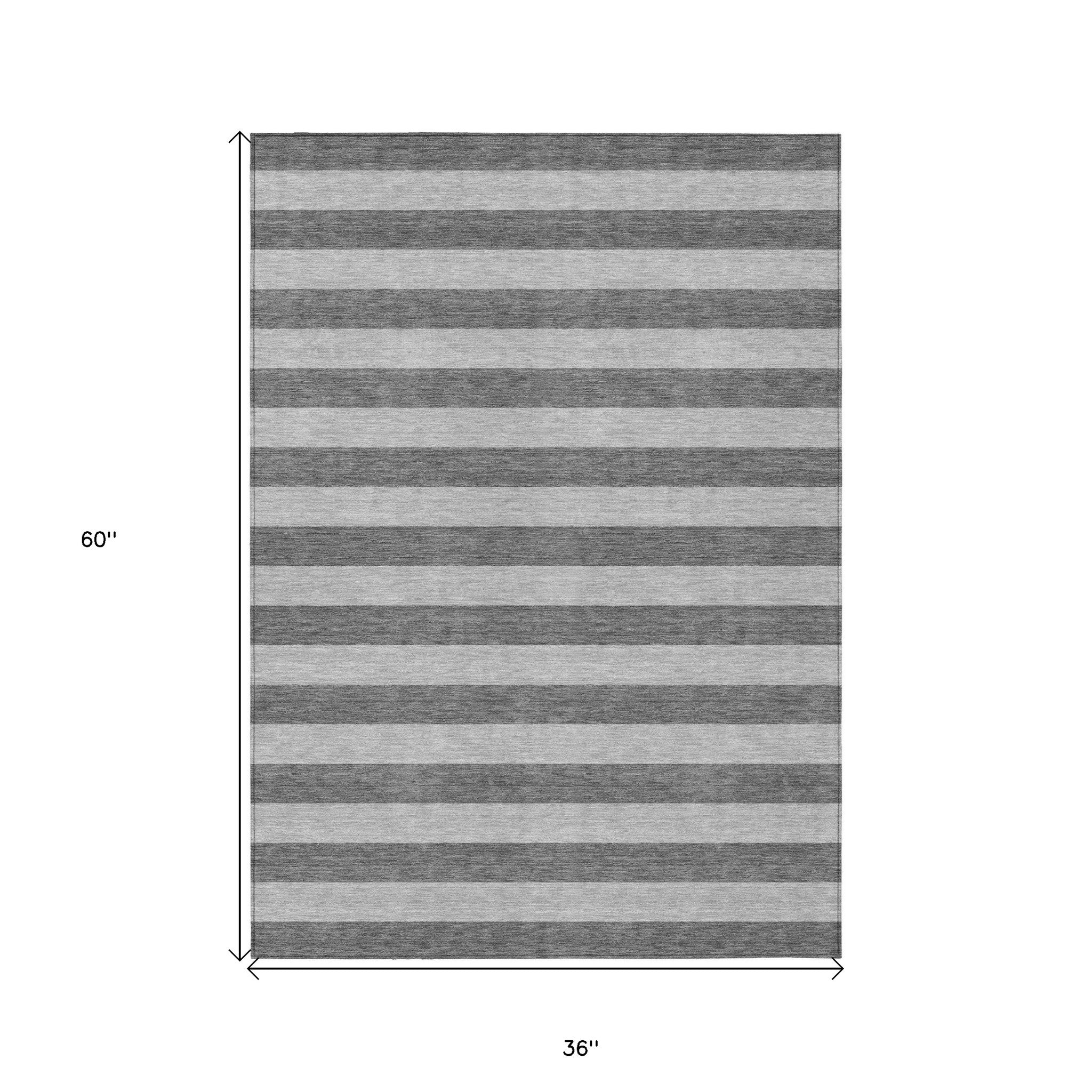 3' X 5' Gray and White Striped Washable Non Skid Indoor Outdoor Area Rug - Outdoor