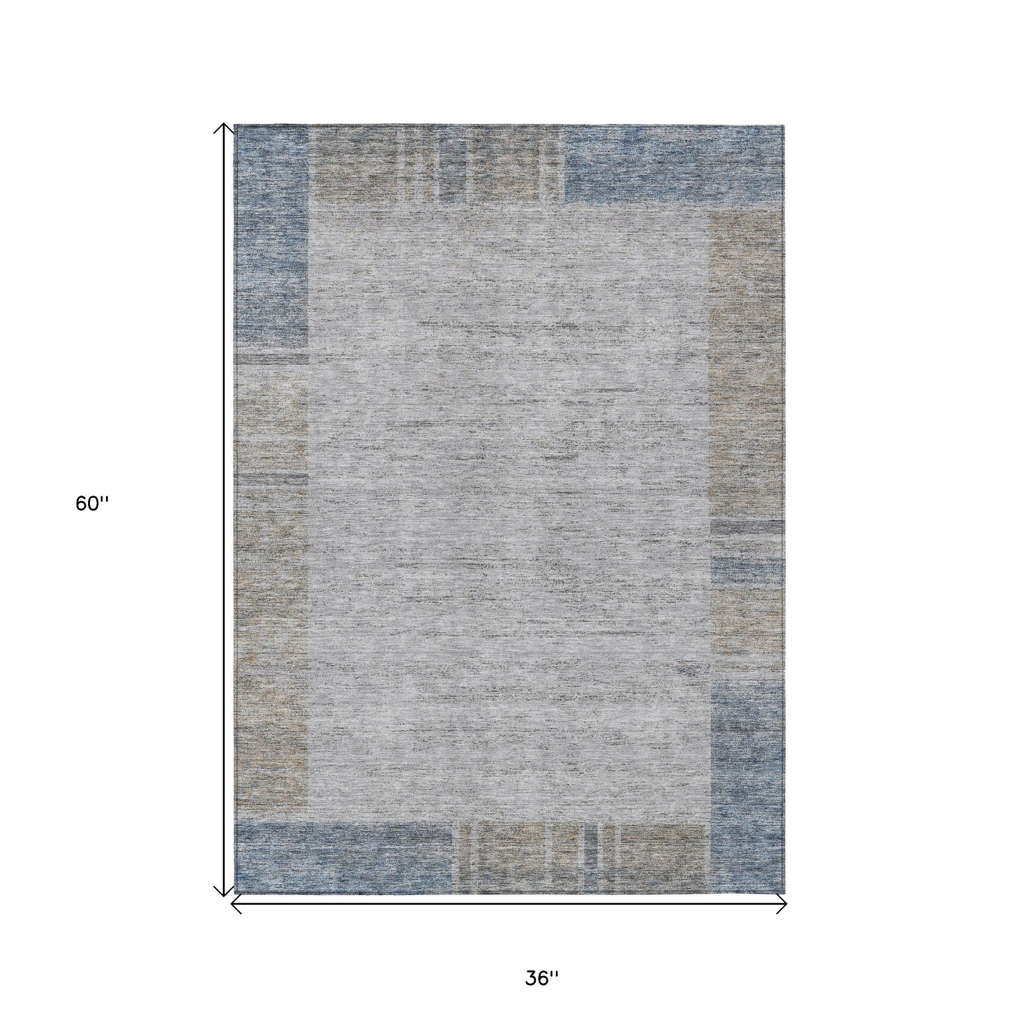 3' X 5' Taupe Beige And Blue Geometric Washable Indoor Outdoor Area Rug - Sports & Outdoor