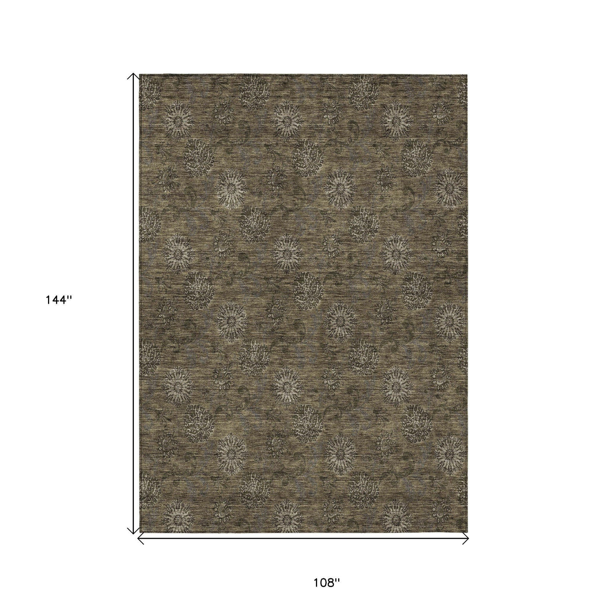 9' X 12' Brown And Beige Floral Washable Indoor Outdoor Area Rug - Outdoor