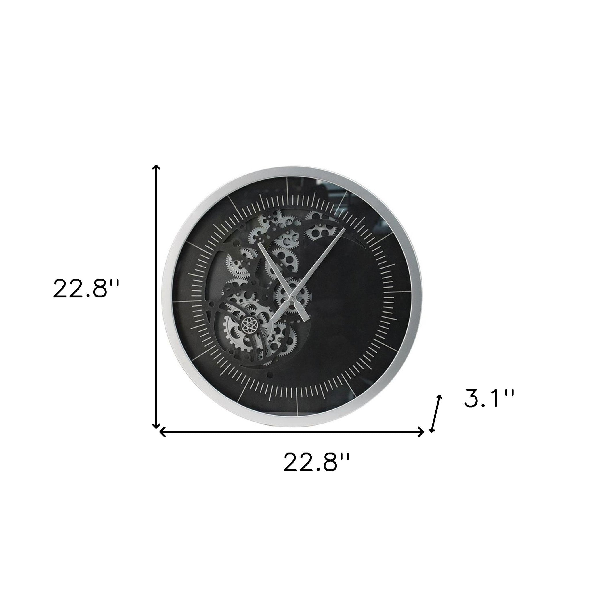 23" Circle Black and Silver Wood and Glass Analog Wall Clock - Home Decor