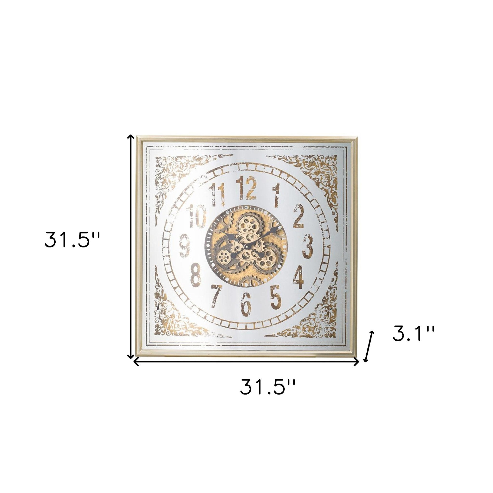 32" Square Gold and Silver Wood and Mirror Analog Exposed Gear Wall Clock - Home Decor
