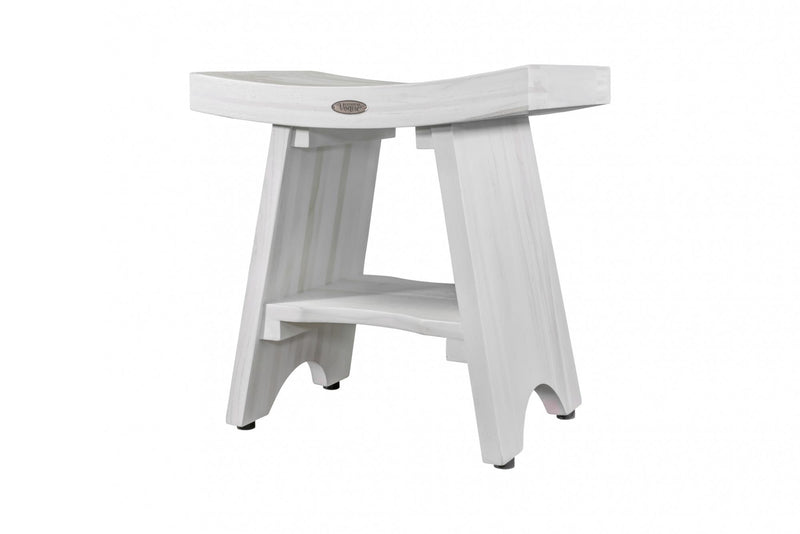 Compact Curvilinear Teak Shower Outdoor Bench With Shelf In Driftwood Finish - Bed & Bath