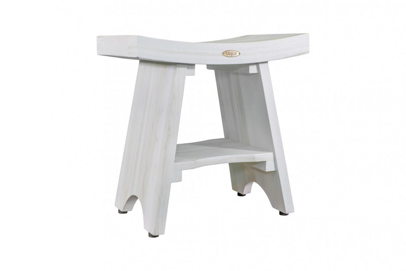 Compact Curvilinear Teak Shower Outdoor Bench With Shelf In Driftwood Finish - Bed & Bath
