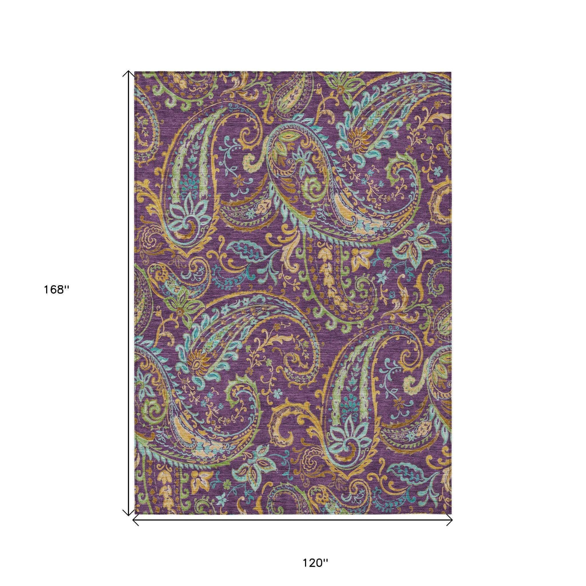 10' X 14' Purple Turquoise and Gold Paisley Washable Non Skid Indoor Outdoor Area Rug - Sports & Outdoor