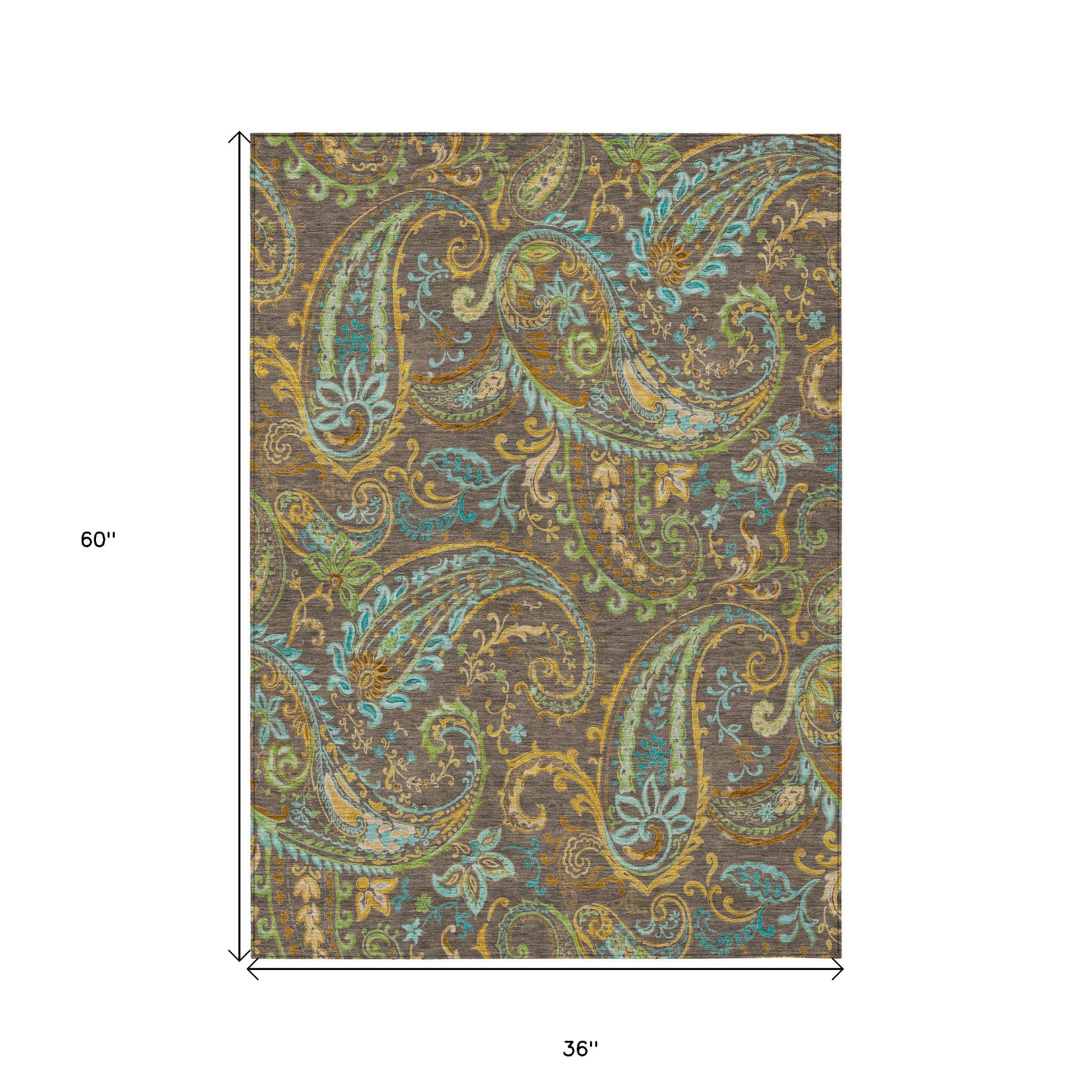 3' X 5' Brown Aqua and Gold Paisley Washable Non Skid Indoor Outdoor Area Rug - Sports & Outdoor