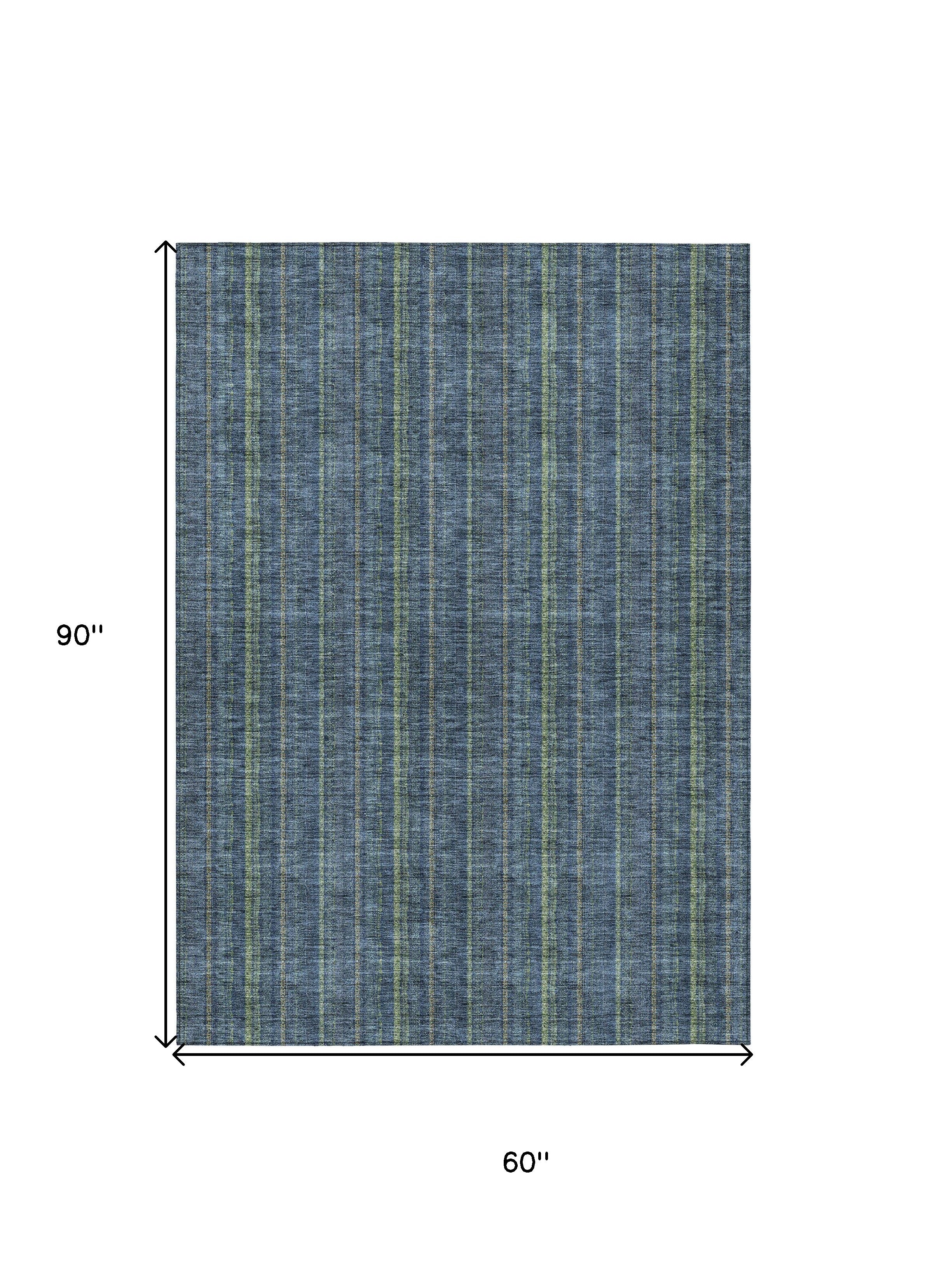 5' X 8' Blue Denim Blue And Mint Green Striped Washable Indoor Outdoor Area Rug - Sports & Outdoor