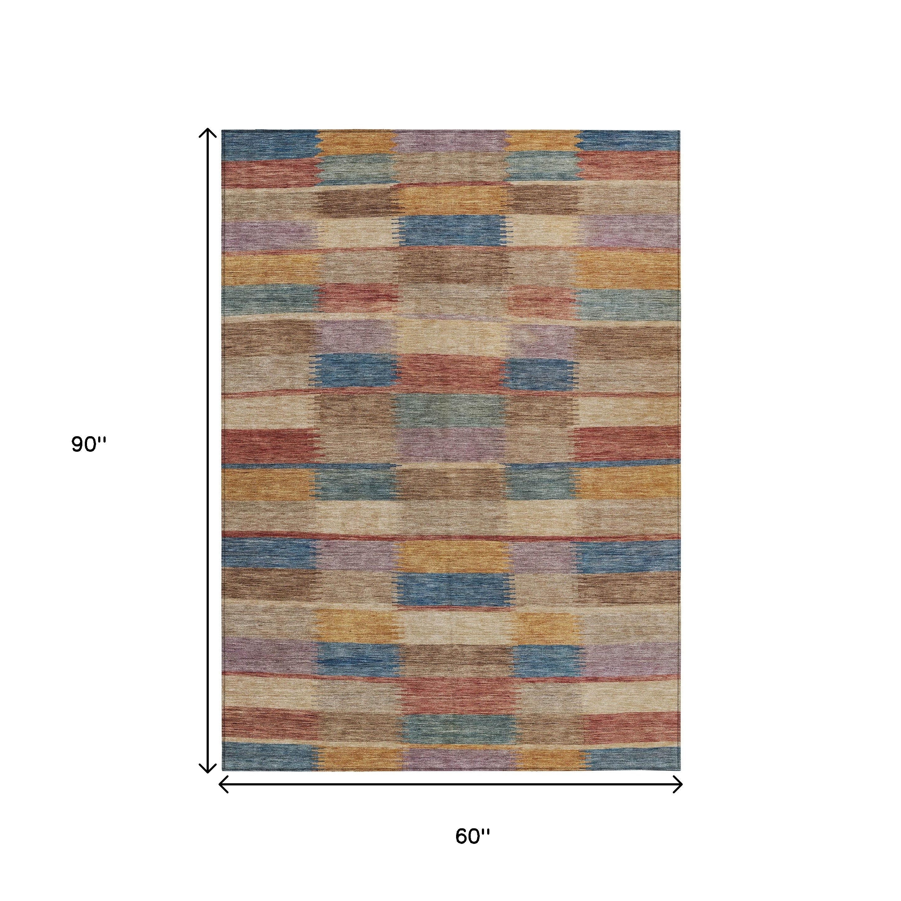5' X 8' Beige Blue And Gold Striped Washable Indoor Outdoor Area Rug - Sports & Outdoor