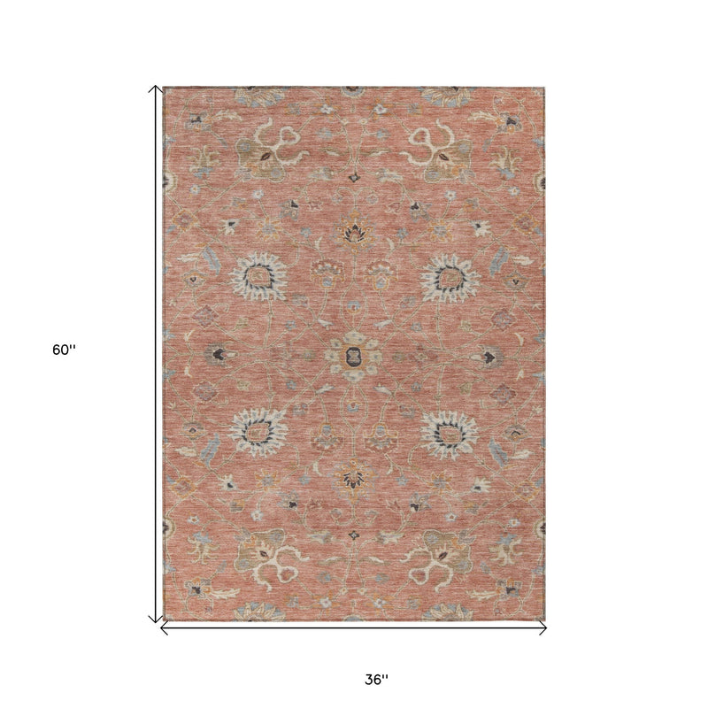 Pink rectangular floral rug with gray and beige medallions; size diagram included