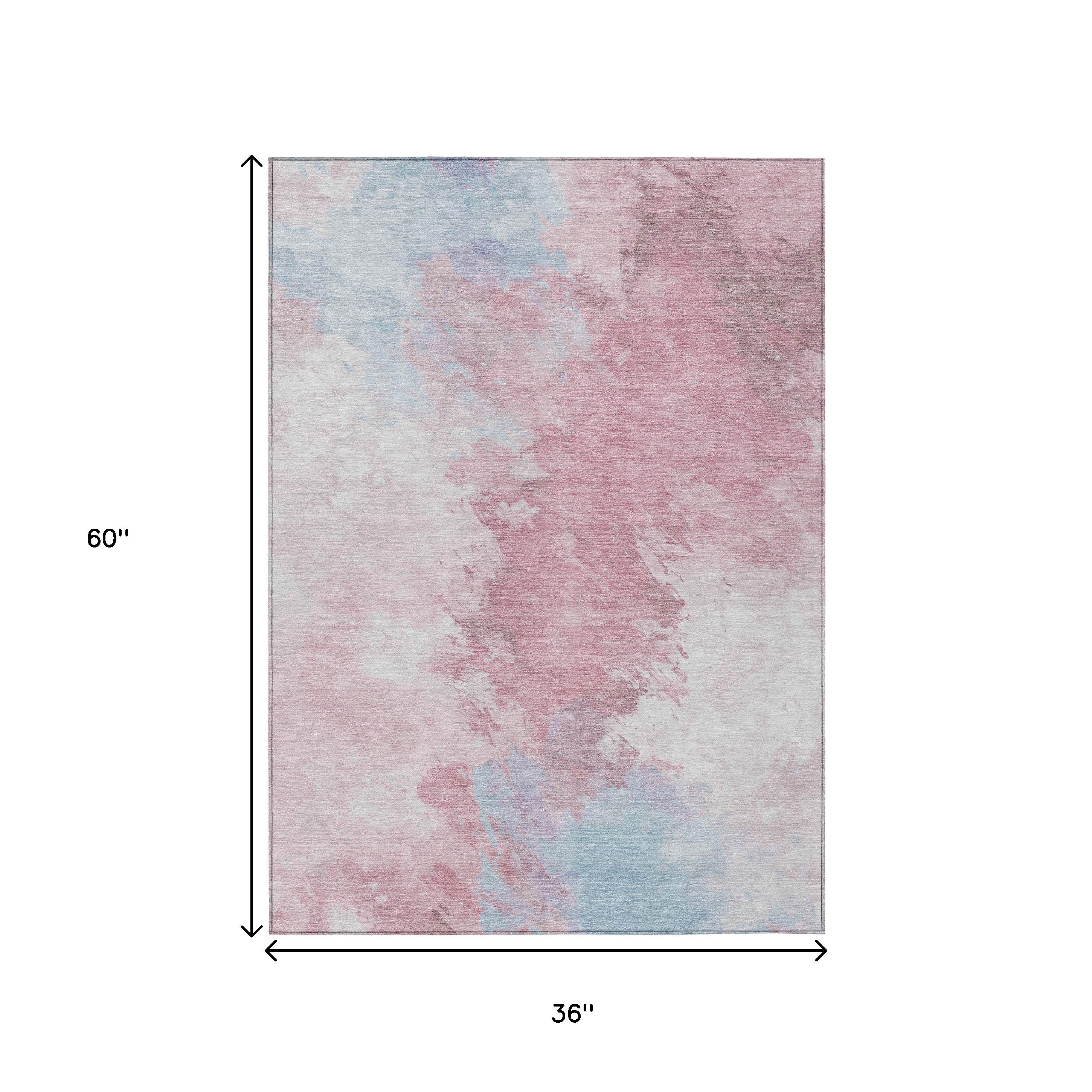 3' X 5' Blush Ivory And Blue Abstract Washable Indoor Outdoor Area Rug - Sports & Outdoor