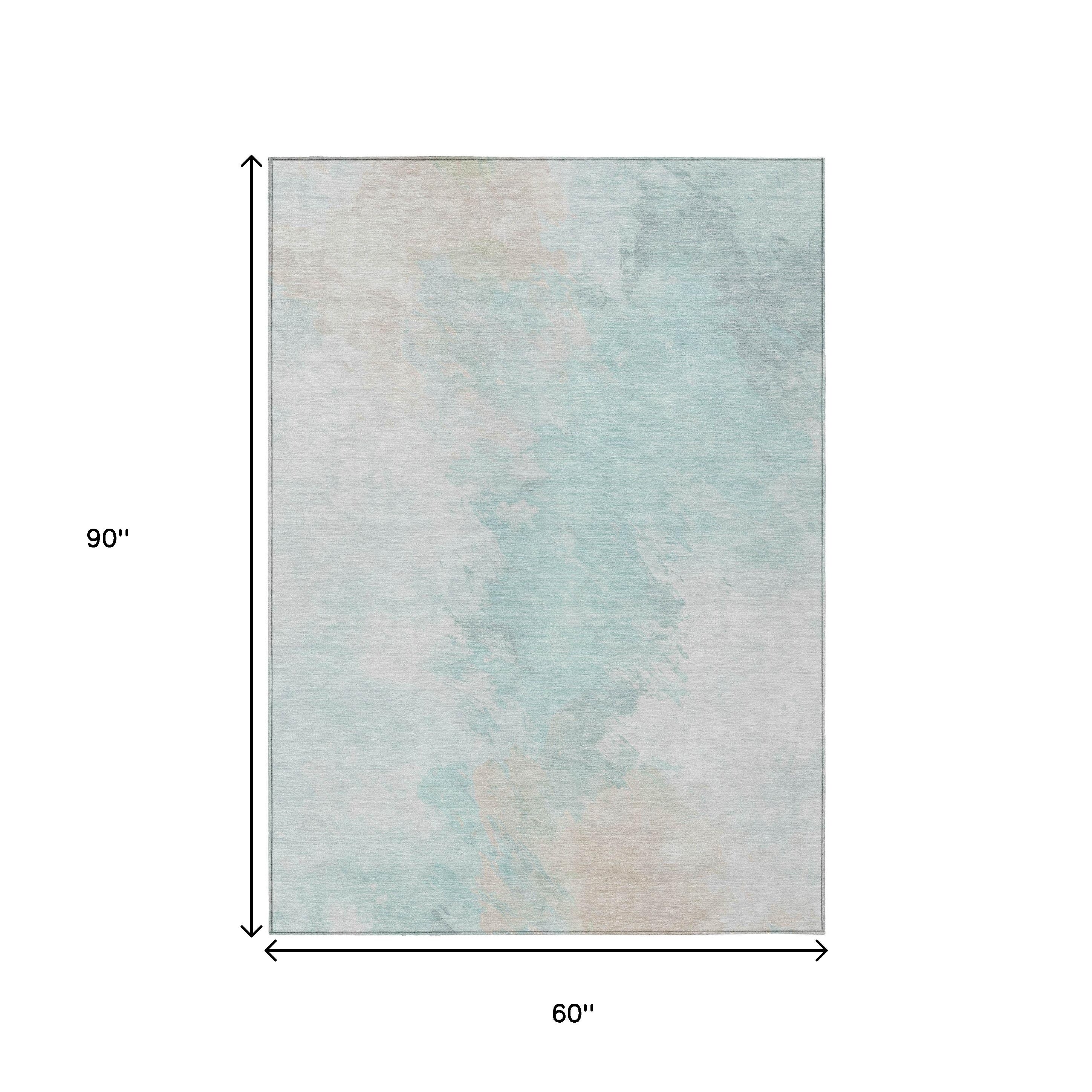 5' X 8' Pale Aqua Beige And Ivory Abstract Washable Indoor Outdoor Area Rug - Sports & Outdoor