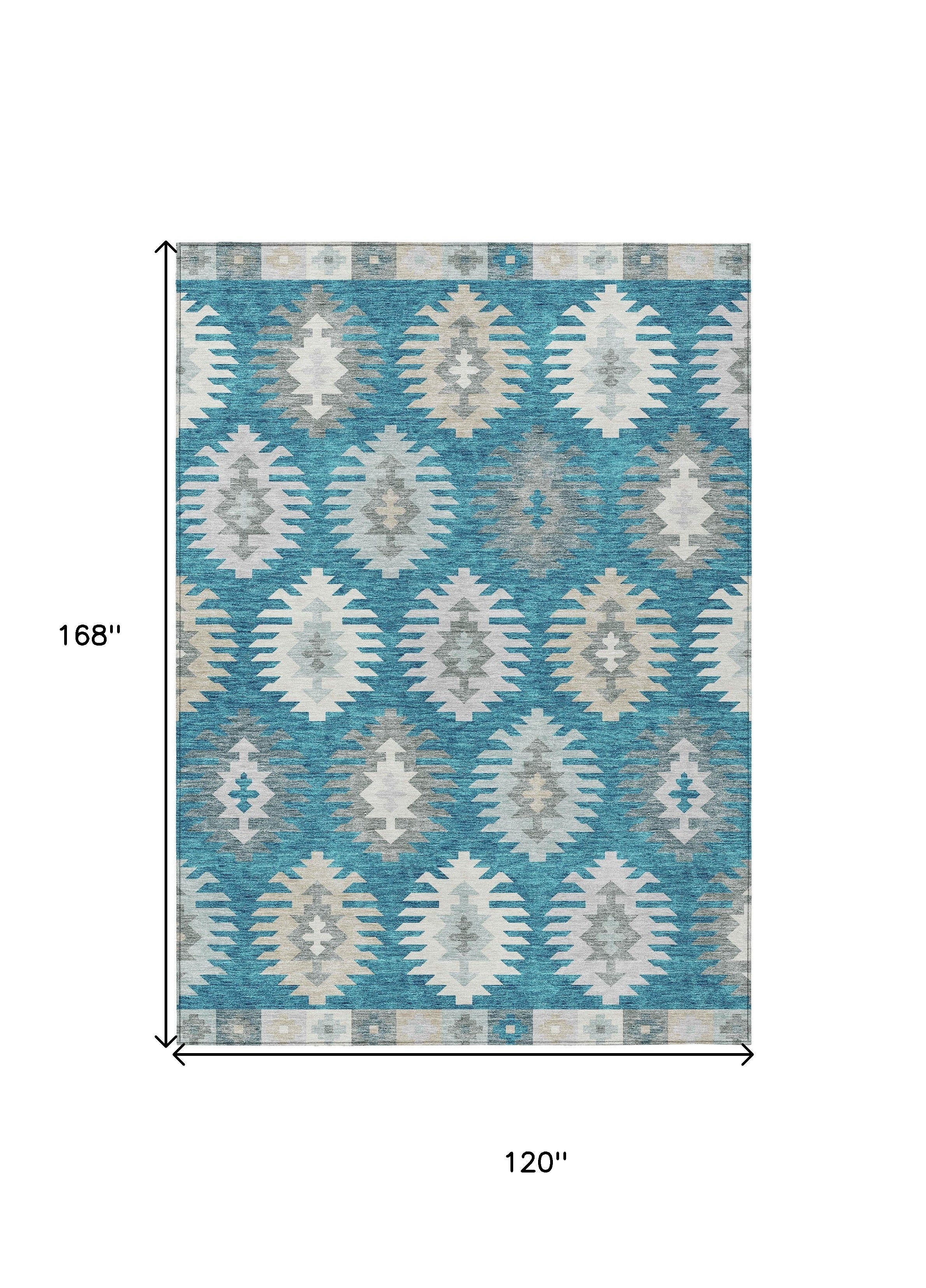 10' X 14' Teal Blue Ivory And Gray Southwestern Washable Indoor Outdoor Area Rug - Sports & Outdoor