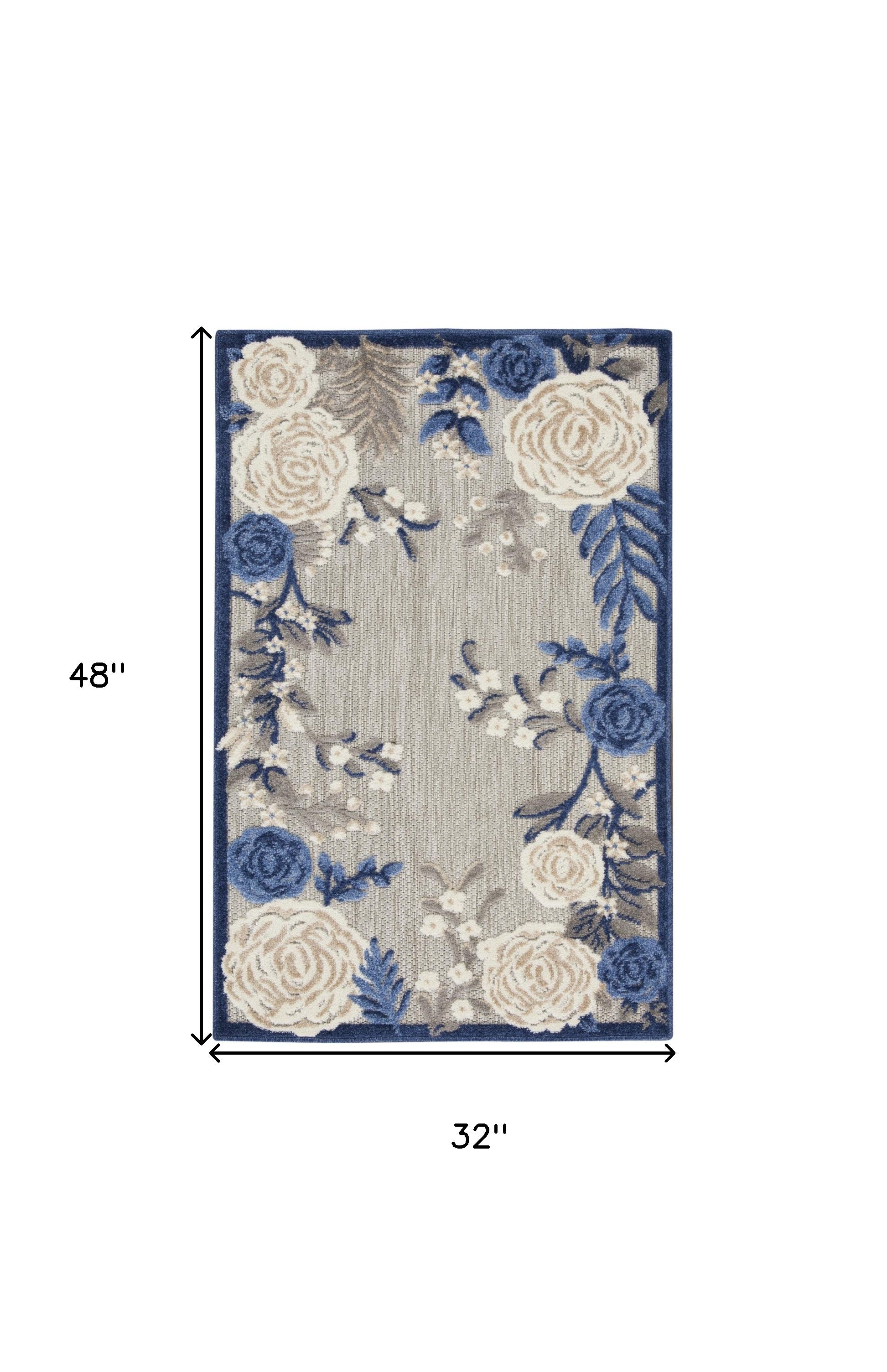 3' X 4' Blue and Gray Floral Indoor Outdoor Area Rug - Outdoor