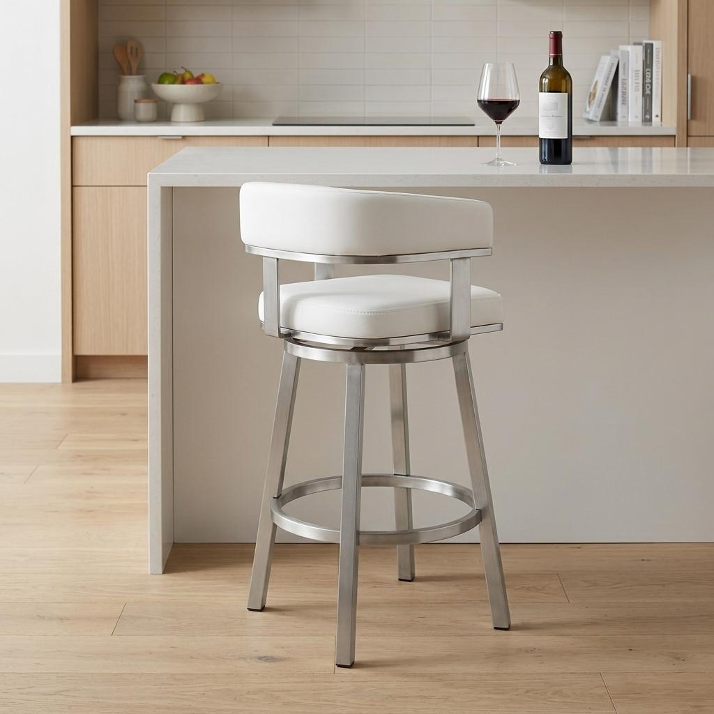 26" White And Silver Faux Leather And Fabric And Steel Low Back Counter Height Swivel Bar Chair - Living Room