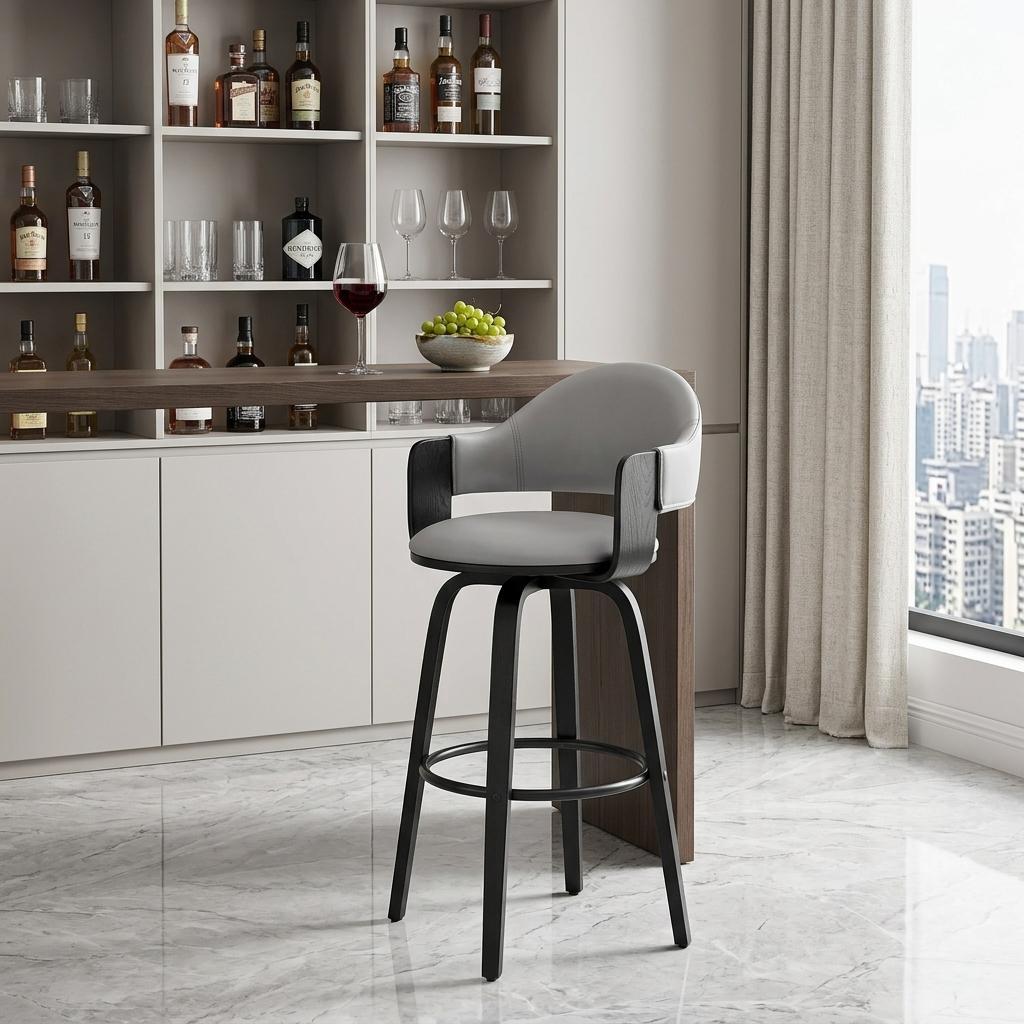 30" Gray And Black Fabric And Iron Low Back Bar Height Swivel Bar Chair - Living Room