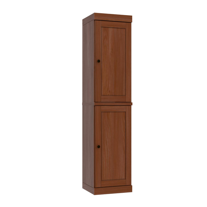 Tall solid wood two-door storage cabinet with raised panels and round knobs