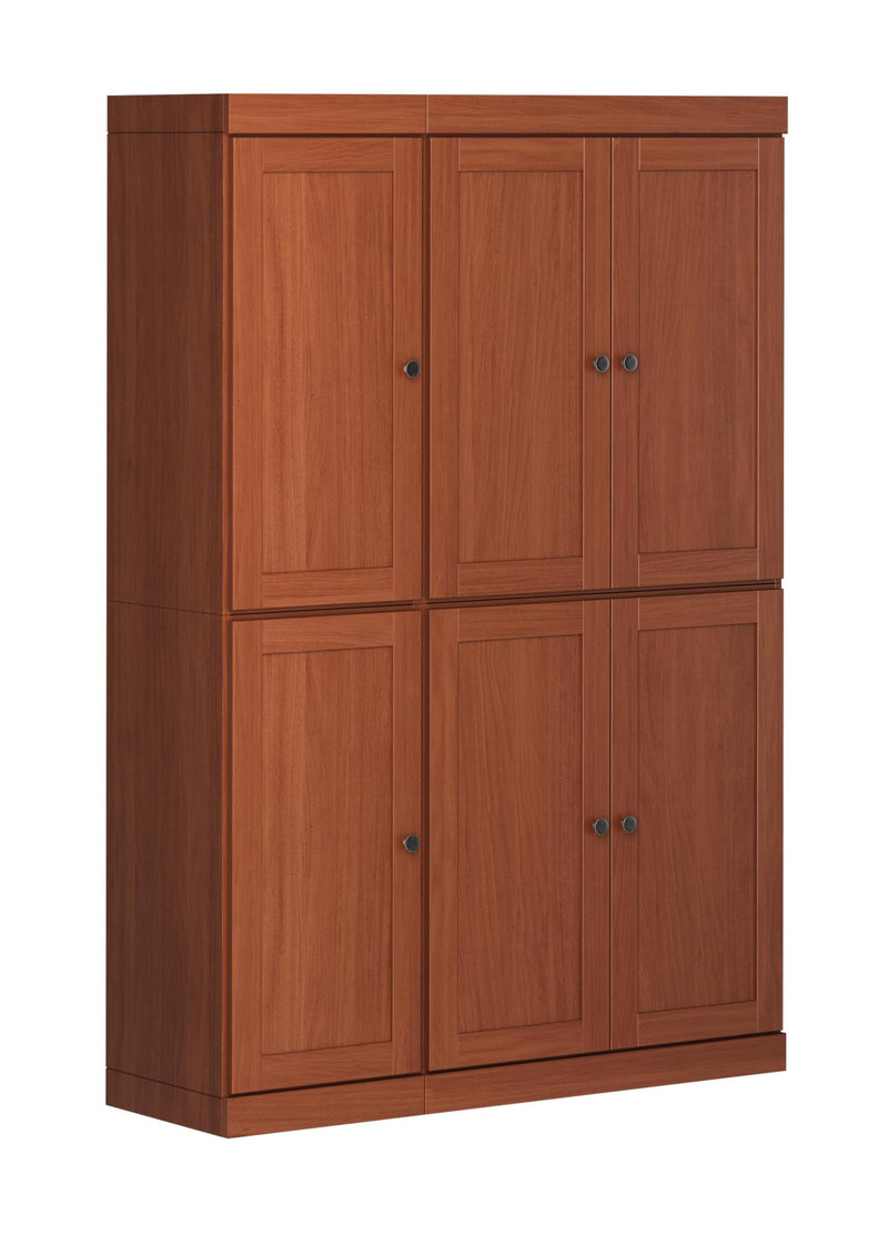 Solid wood pantry cabinet with multiple doors, blue-tinted knobs, brown finish