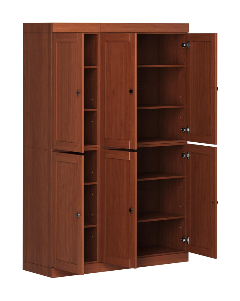 Solid wood pantry cabinet with open doors showing interior shelves, brown finish