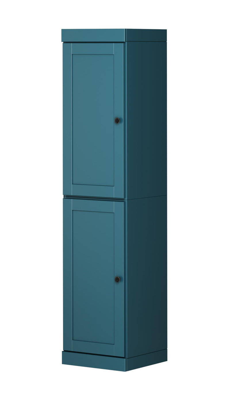 Teal blue two-door storage cabinet with tall vertical cabinet body