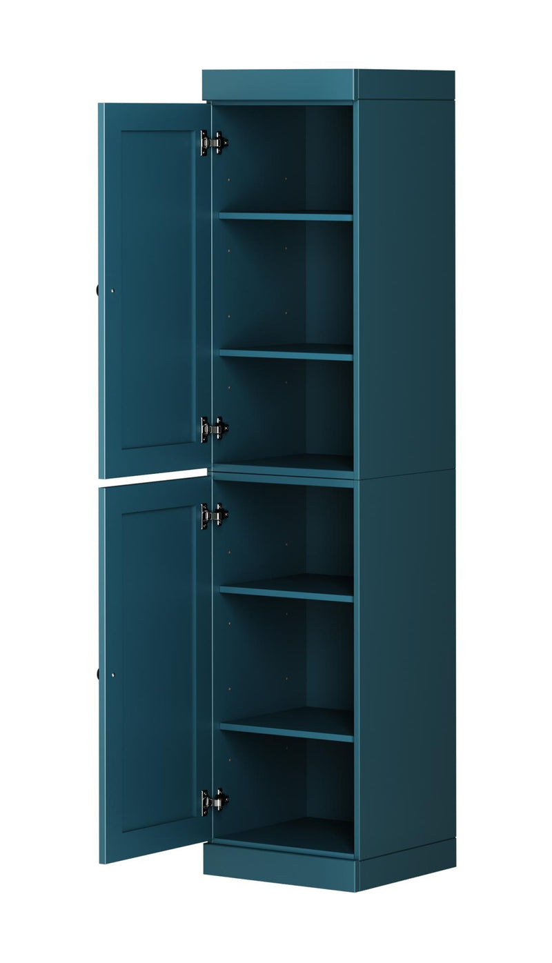 Teal blue pantry cabinet with open door revealing interior shelves