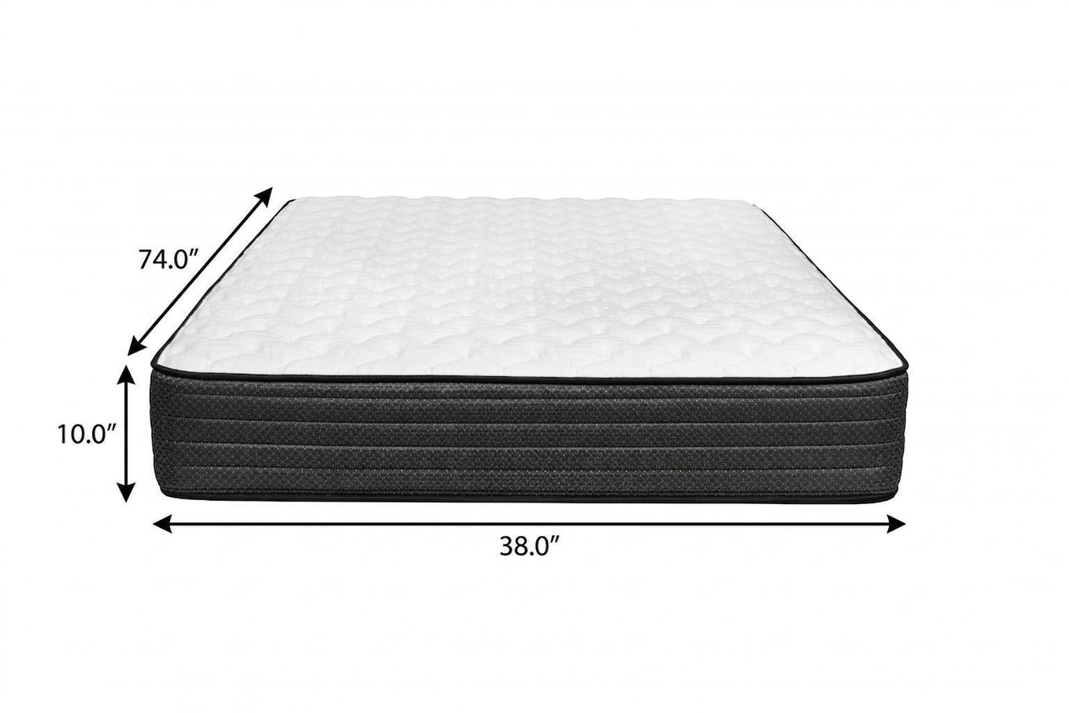 White quilted mattress with a black base, measuring 74"x38"x10", perfect for comfort and style.