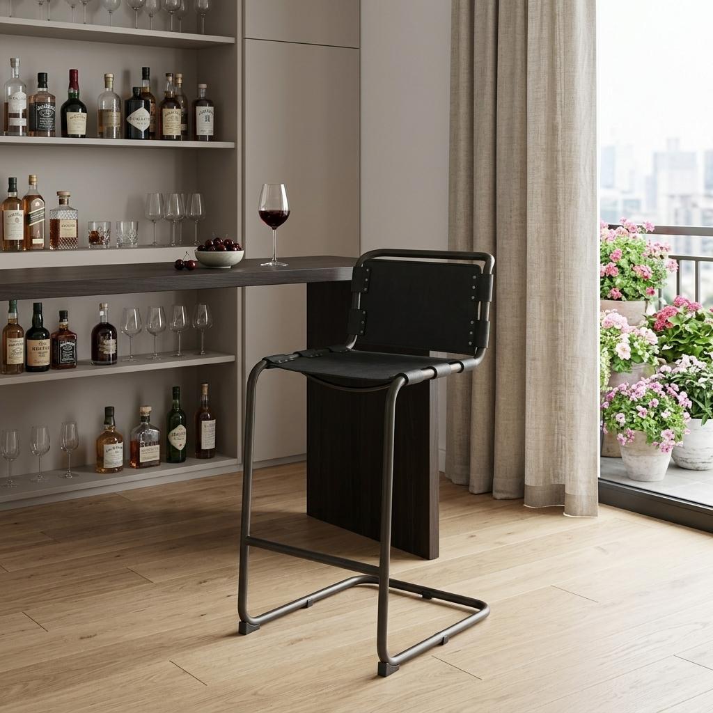 30" Black And Gray Leather And Iron Bar Height Bar Chair - Living Room