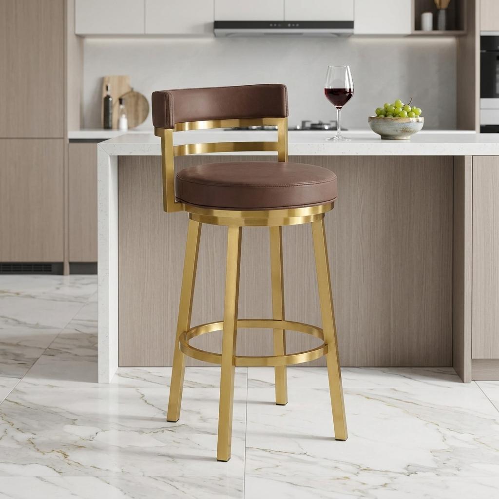 26" Coffee And Gold Faux Leather And Steel Low Back Counter Height Swivel Bar Chair - Living Room