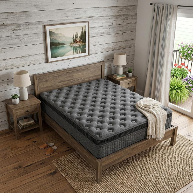Dark gray hybrid mattress with tufted top on wooden bed frame