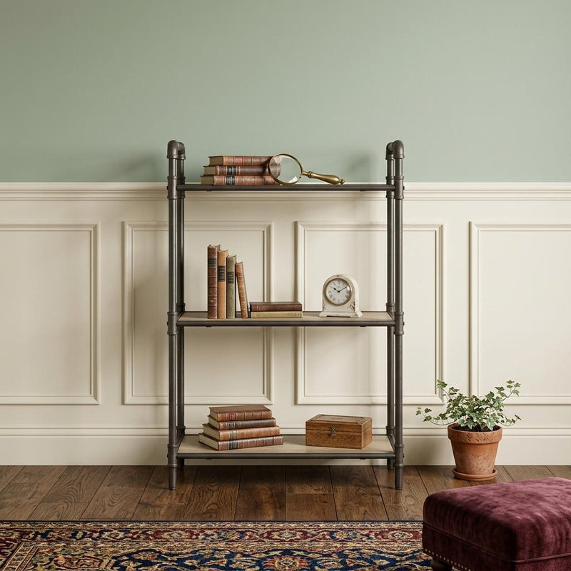 36" Antique Oak and Sandy Gray Metal Three Tier Standard Bookcase - Office