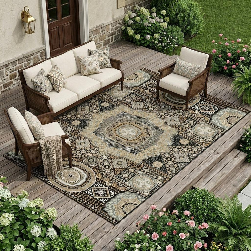 Oriental area rug on patio with black, ivory, and light blue geometric squares and medallion