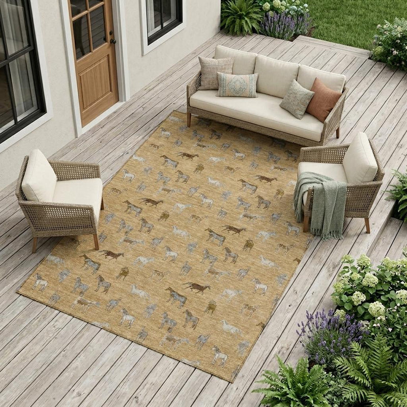 Beige gold rectangular horse-print area rug with textured low-pile look