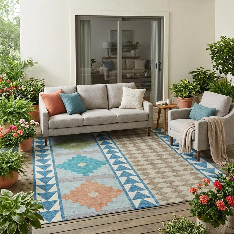 Teal blue and ivory southwestern area rug with geometric medallion under outdoor seating